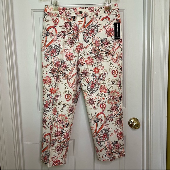 Rafaella Pants - Rafaella Women's Stretch Paisley Floral Cropped Capris Pants - Red, Pink,Orange
